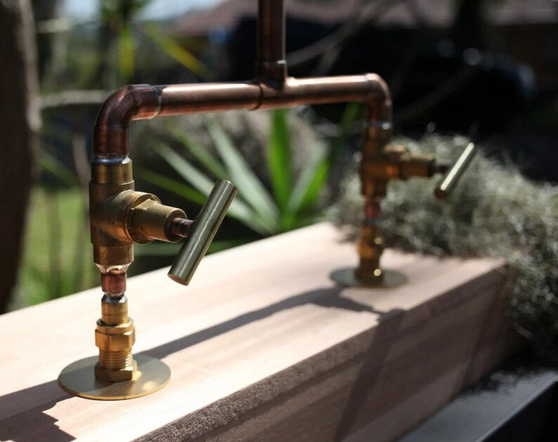 Handmade copper faucet with brass valves rustic double handle tap

