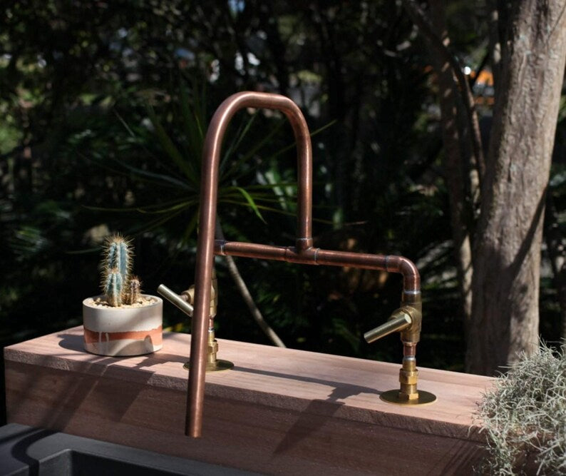 Handmade copper faucet with brass valves rustic double handle tap

