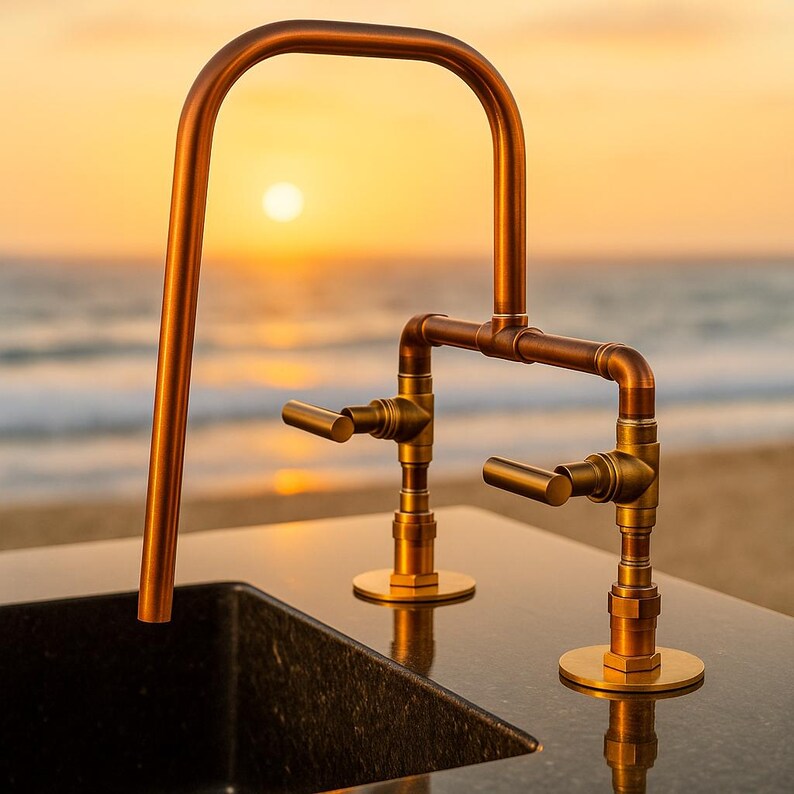 Handmade copper faucet with brass valves rustic double handle tap

