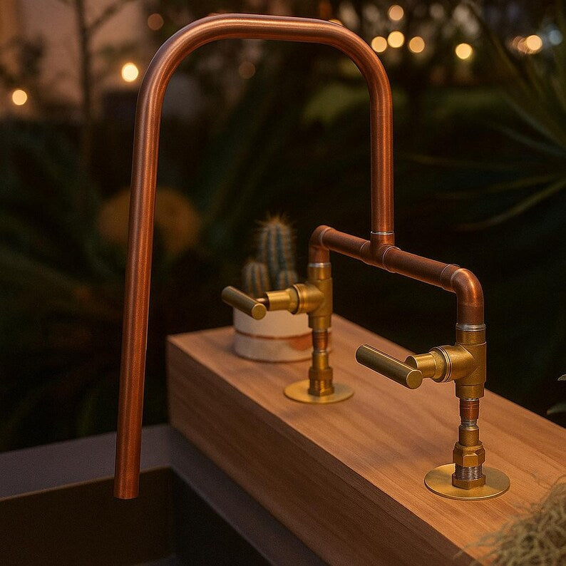 Handmade copper faucet with brass valves rustic double handle tap

