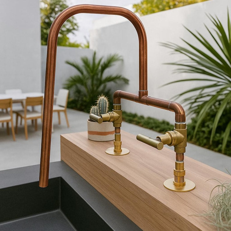 Handmade copper faucet with brass valves rustic double handle tap

