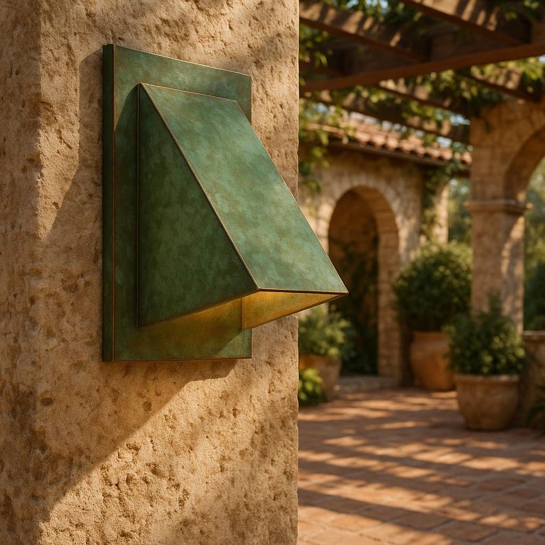  Handmade green patina brass wall sconce with geometric design