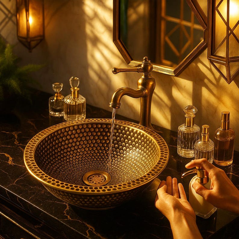 Handmade hammered brass round drop-in sink for bathroom vanity