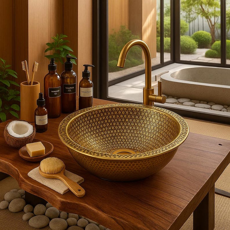 Handmade hammered brass round drop-in sink for bathroom vanity