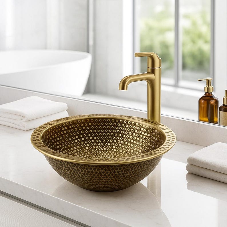 Handmade hammered brass round drop-in sink for bathroom vanity