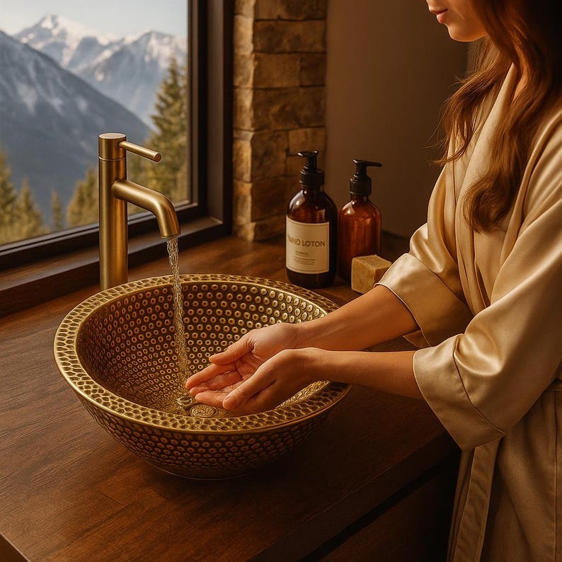 Handmade hammered brass round drop-in sink for bathroom vanity