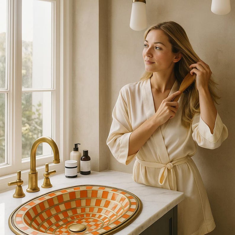 Handmade oval bathroom sink with orange resin and bone inlay