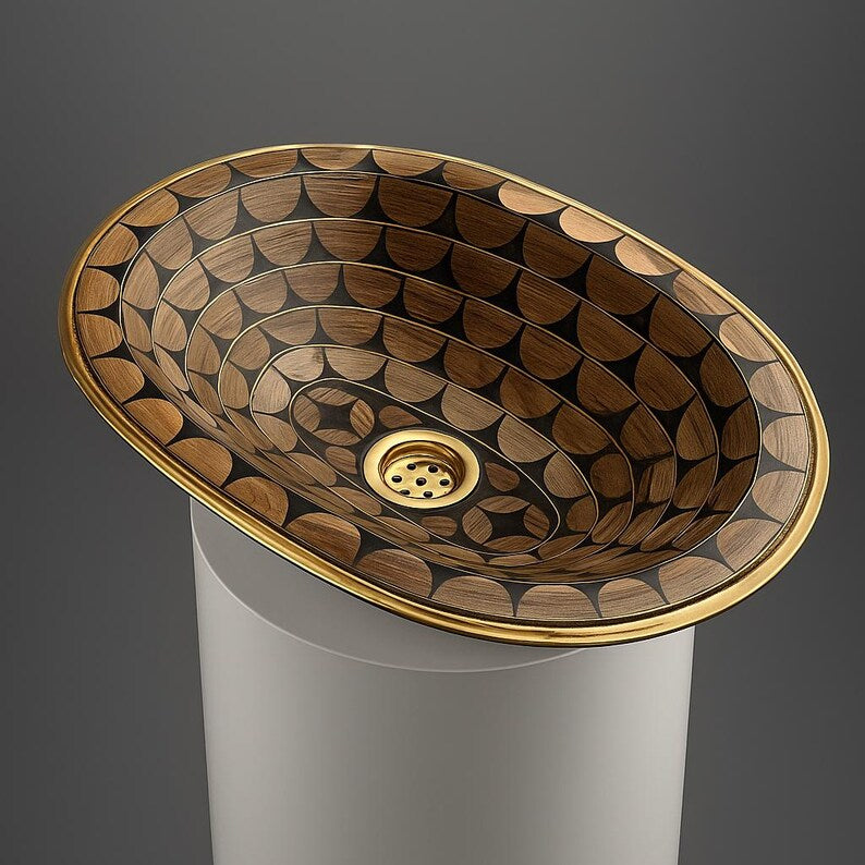 Handmade oval brass and bone inlay bathroom sink