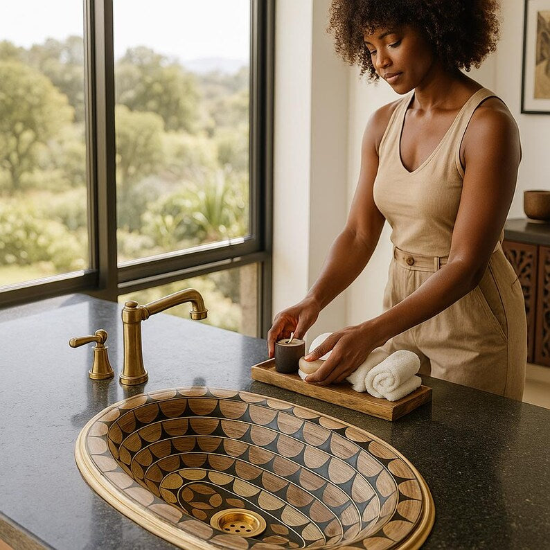 Handmade oval brass and bone inlay bathroom sink
