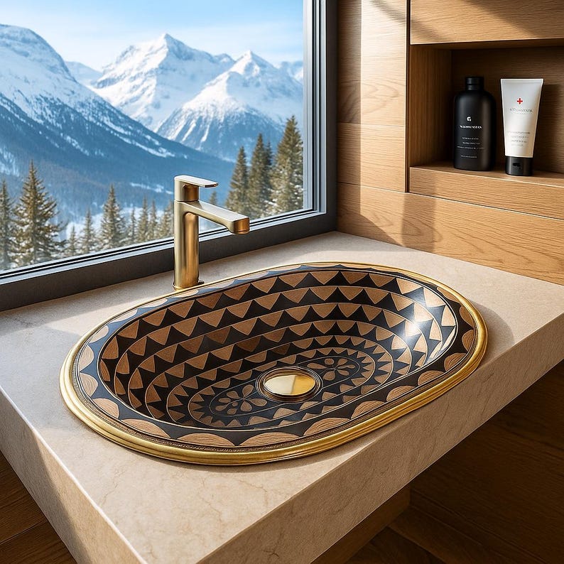 Handmade oval brass bathroom sink with black resin and bone inlay

