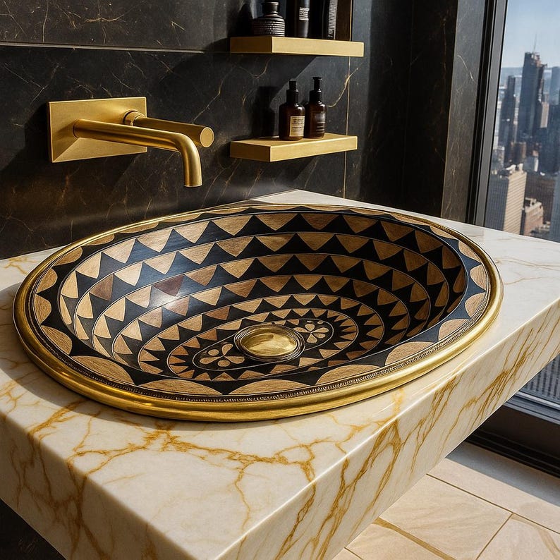Handmade oval brass bathroom sink with black resin and bone inlay

