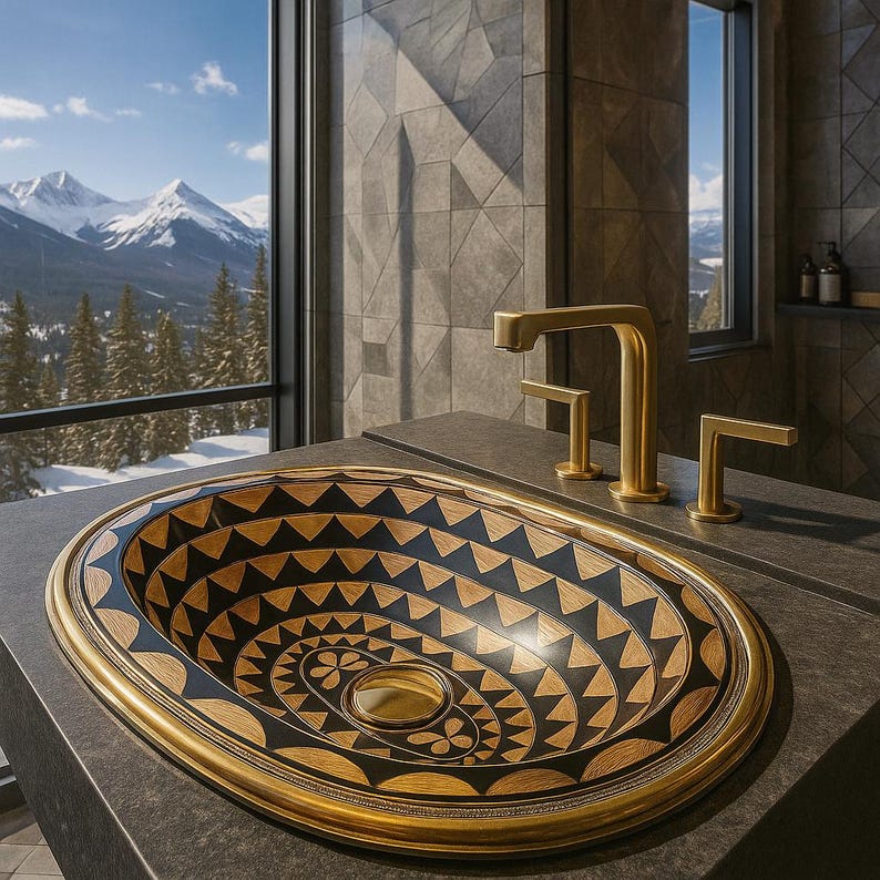 Handmade oval brass bathroom sink with black resin and bone inlay

