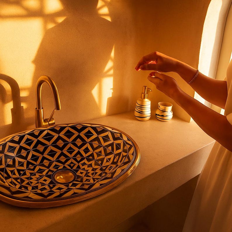 Handmade oval brass bathroom sink with bone and resin flower pattern inlay on black base

