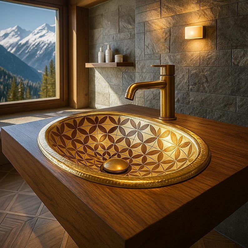 Handmade oval brass bathroom sink with bone and wood floral inlay on white base

