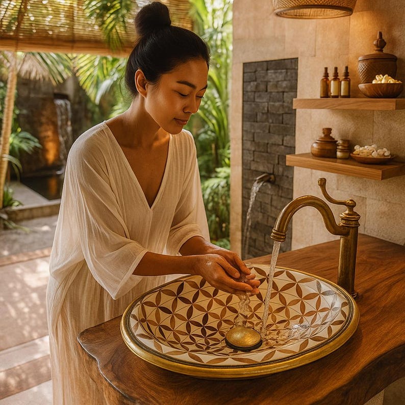 Handmade oval brass bathroom sink with bone and wood floral inlay on white base


