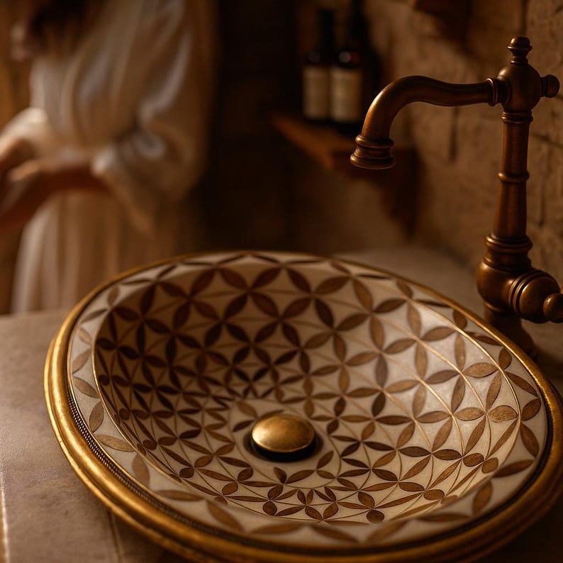 Handmade oval brass bathroom sink with bone and wood floral inlay on white base

