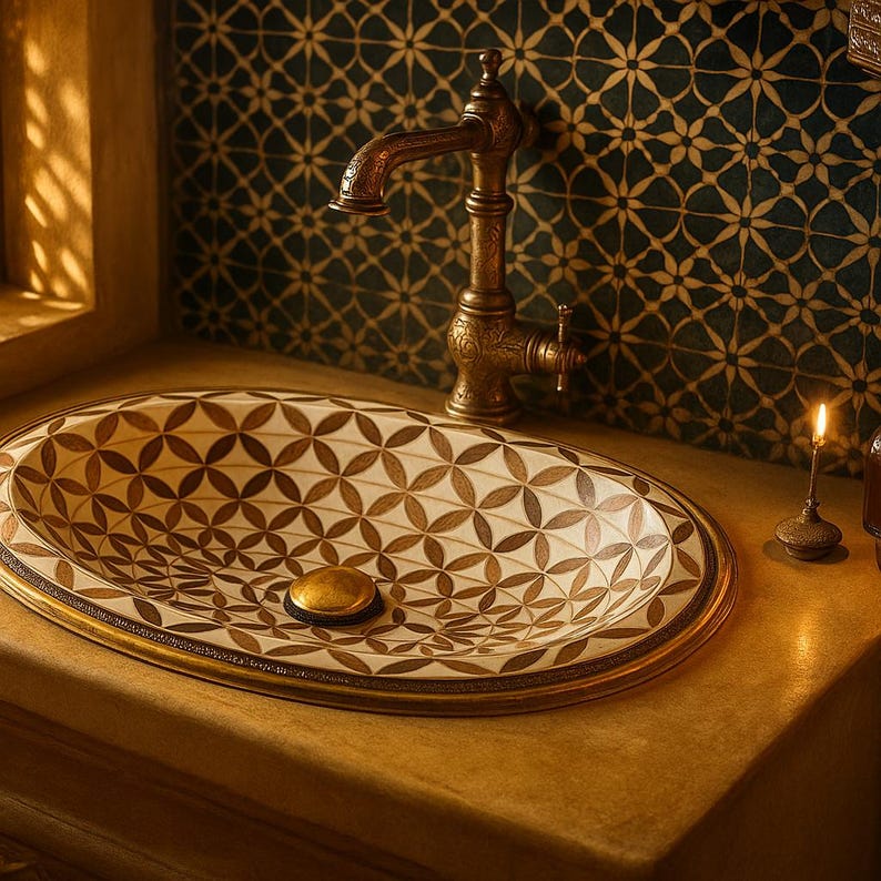 Handmade oval brass bathroom sink with bone and wood floral inlay on white base


