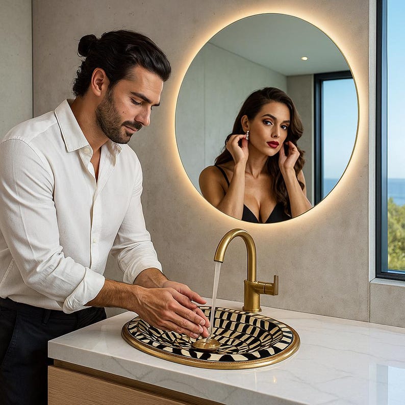 Handmade oval brass sink with black resin and ivory bone inlay, drop-in vanity basin


