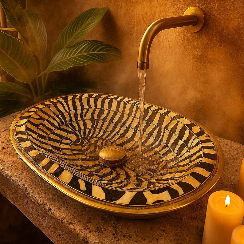 Handmade oval brass sink with black resin and ivory bone inlay, drop-in vanity basin

