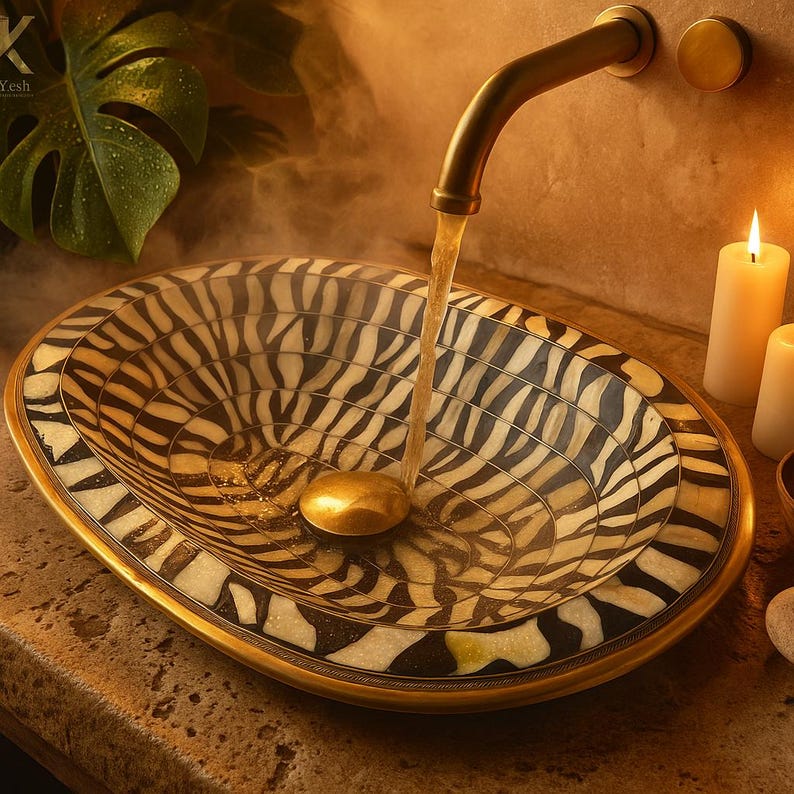Handmade oval brass sink with black resin and ivory bone inlay, drop-in vanity basin

