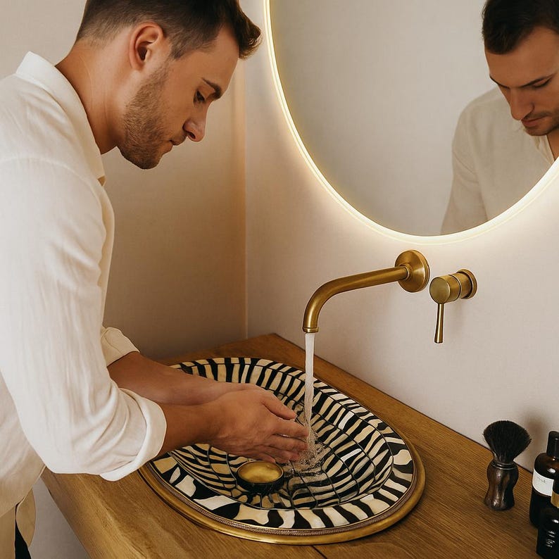 Handmade oval brass sink with black resin and ivory bone inlay, drop-in vanity basin

