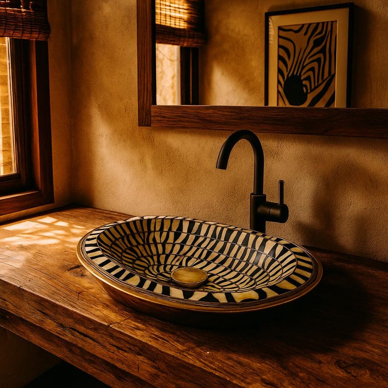 Handmade oval brass sink with black resin and ivory bone inlay, drop-in vanity basin

