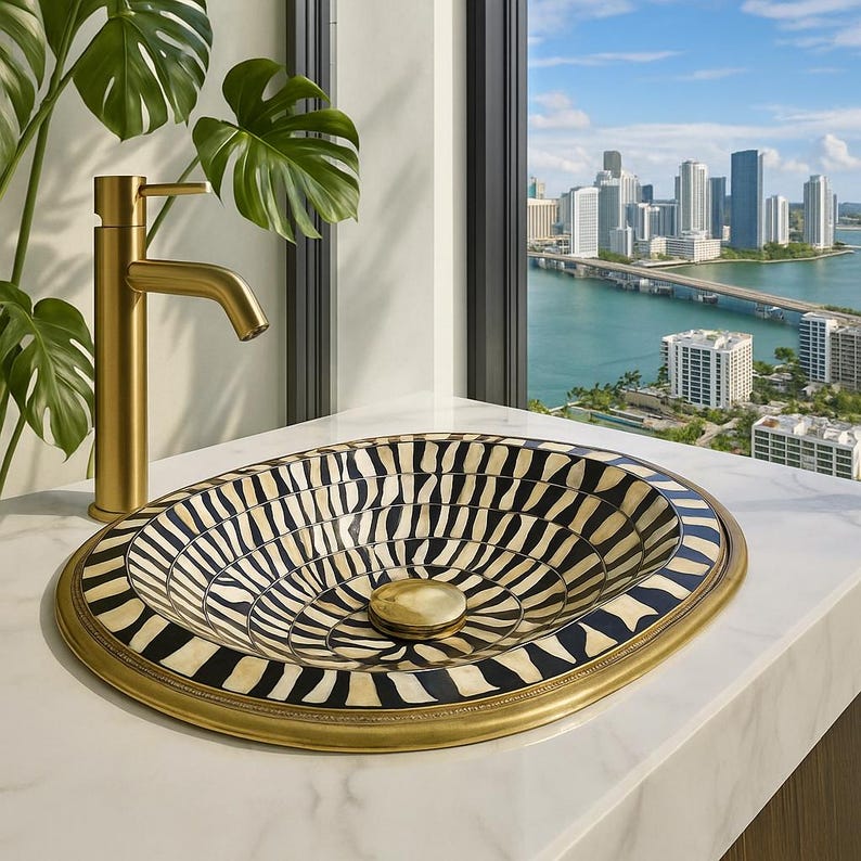 Handmade oval brass sink with black resin and ivory bone inlay, drop-in vanity basin

