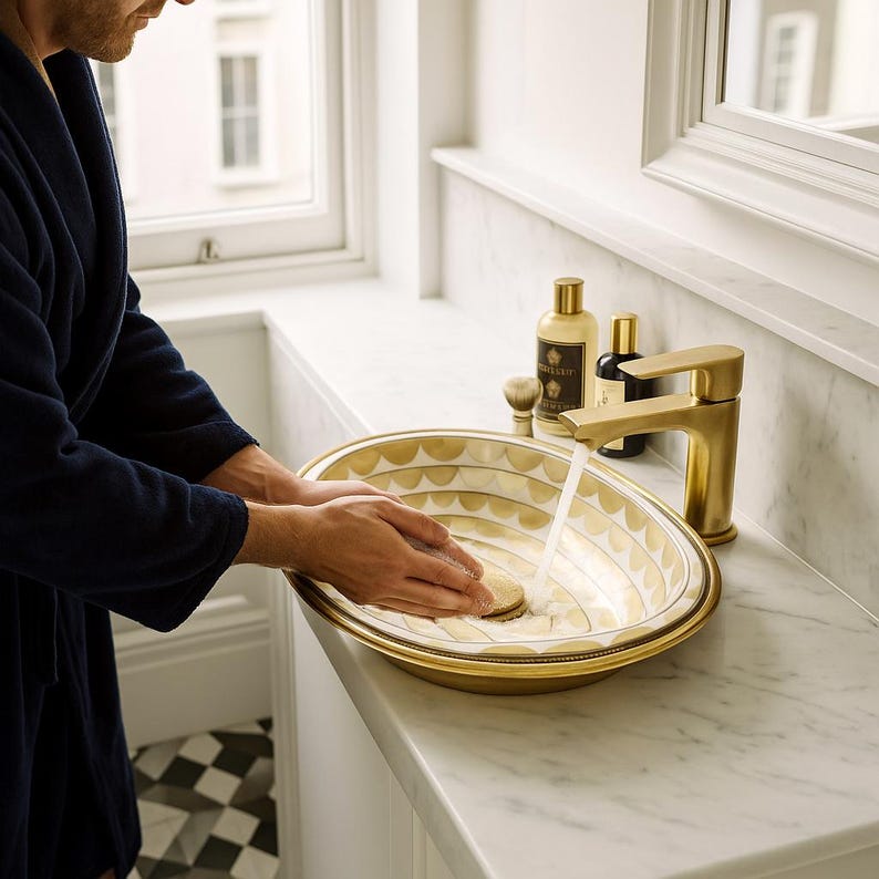Handmade oval brass sink with bone and resin inlay – Moroccan drop-in bathroom vanity basin

