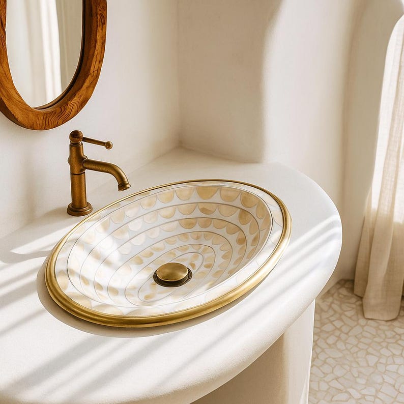 Handmade oval brass sink with bone and resin inlay – Moroccan drop-in bathroom vanity basin

