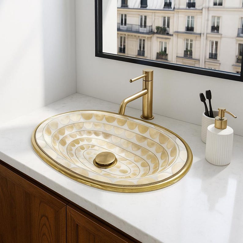 Handmade oval brass sink with bone and resin inlay – Moroccan drop-in bathroom vanity basin

