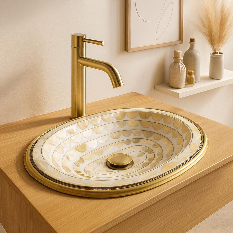 Handmade oval brass sink with bone and resin inlay – Moroccan drop-in bathroom vanity basin

