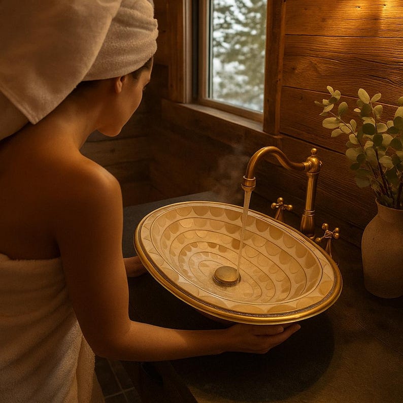 Handmade oval brass sink with bone and resin inlay – Moroccan drop-in bathroom vanity basin

