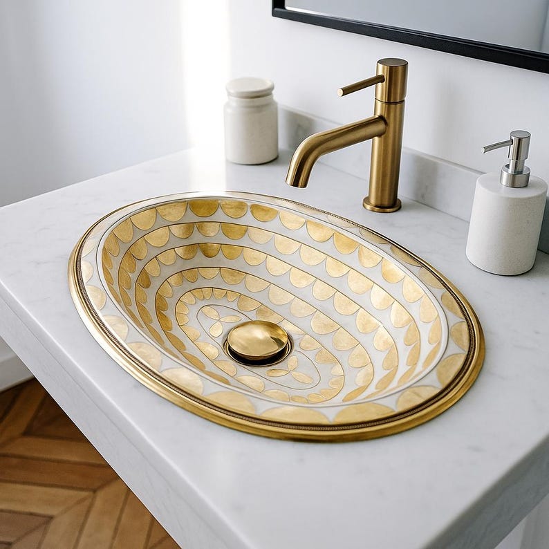 Handmade oval brass sink with bone and resin inlay – Moroccan drop-in bathroom vanity basin

