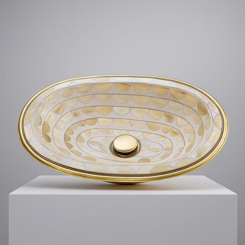 Handmade oval brass sink with bone and resin inlay – Moroccan drop-in bathroom vanity basin

