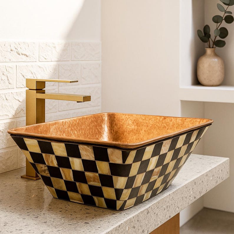 Handmade oval brass sink with geometric bone inlay
