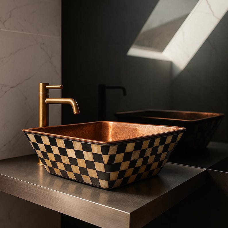 Handmade oval brass sink with geometric bone inlay