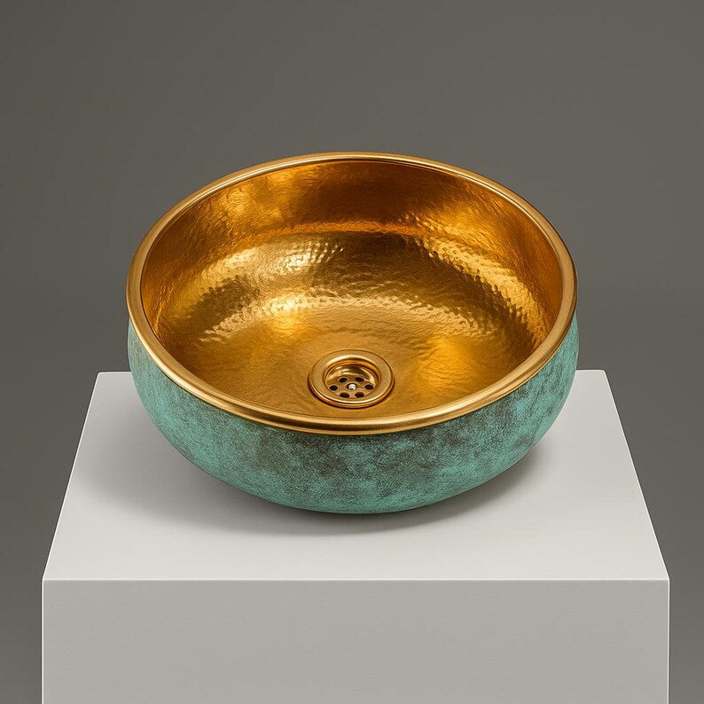Rustic bathroom vessel sink with patina copper and brass finish