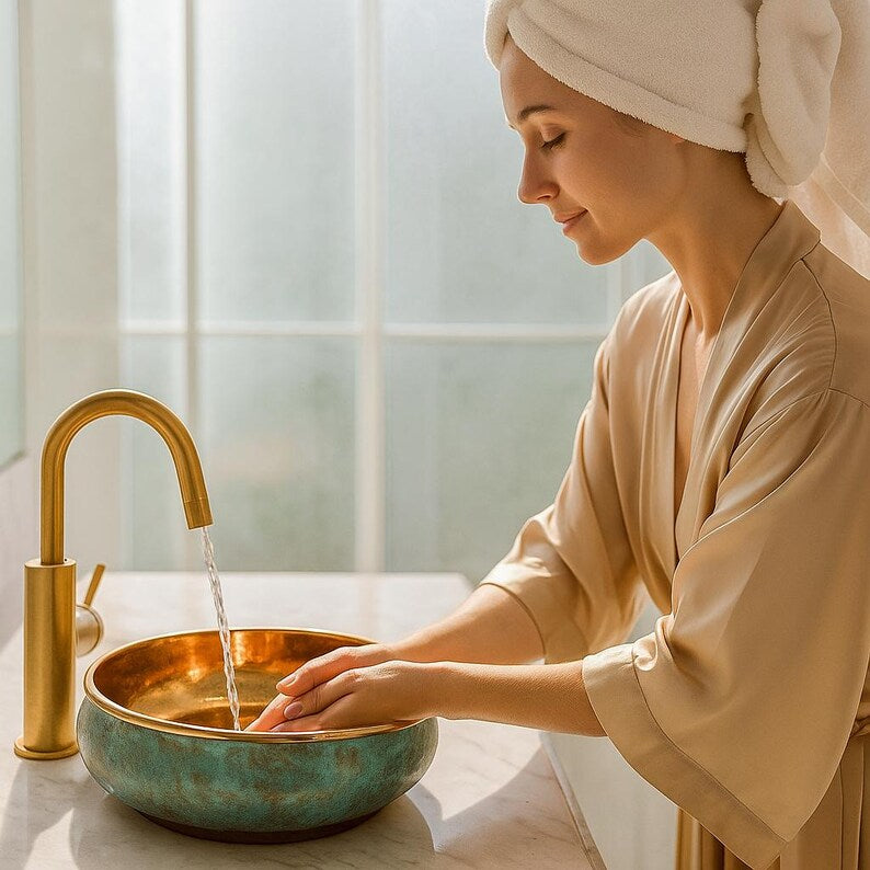 Handmade oxidized copper vessel sink with hammered brass interior
