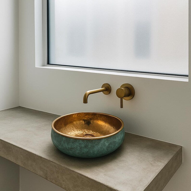 Handmade oxidized copper vessel sink with hammered brass interior