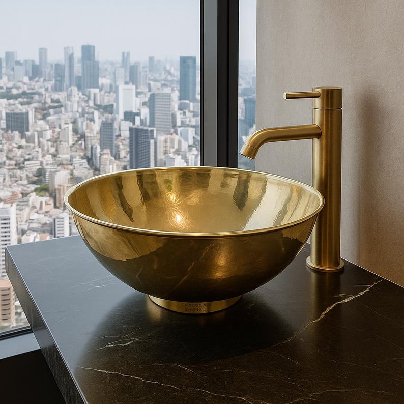 Handmade polished brass vessel sink with hammered gold finish
