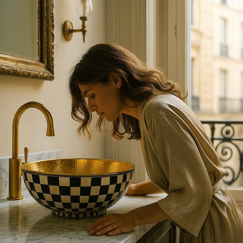 Handmade round brass vessel sink with bone and resin inlay – Moroccan bathroom countertop basin

