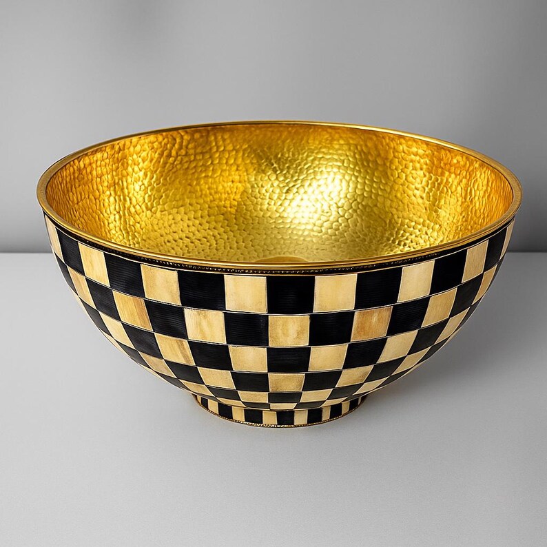 Handmade round brass vessel sink with bone and resin inlay – Moroccan bathroom countertop basin

