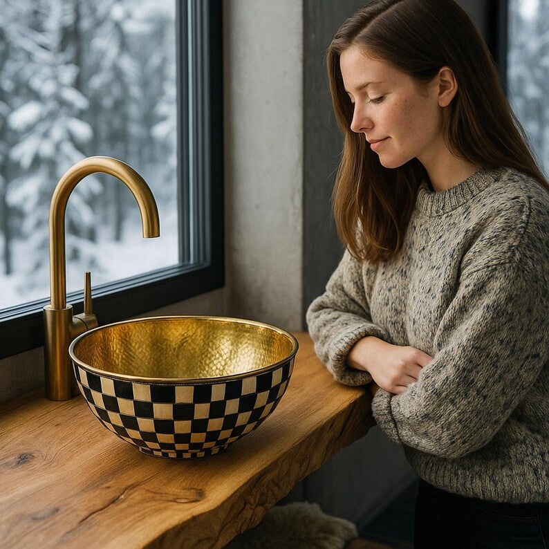 Handmade round brass vessel sink with bone and resin inlay – Moroccan bathroom countertop basin

