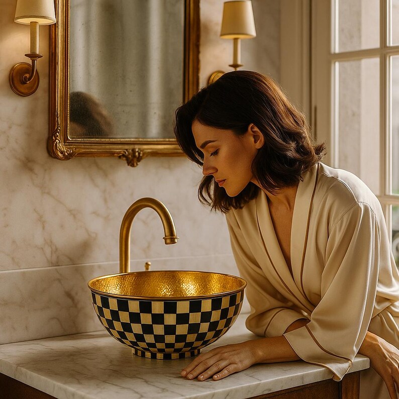 Handmade round brass vessel sink with bone and resin inlay – Moroccan bathroom countertop basin

