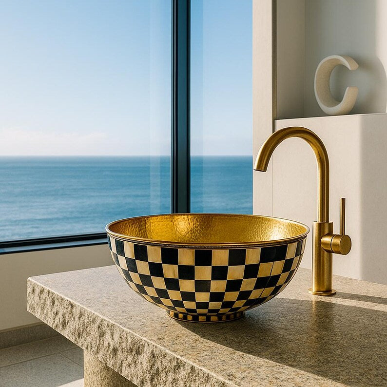 Handmade round brass vessel sink with bone and resin inlay – Moroccan bathroom countertop basin

