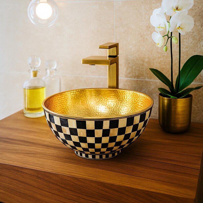 Handmade round brass vessel sink with bone and resin inlay – Moroccan bathroom countertop basin

