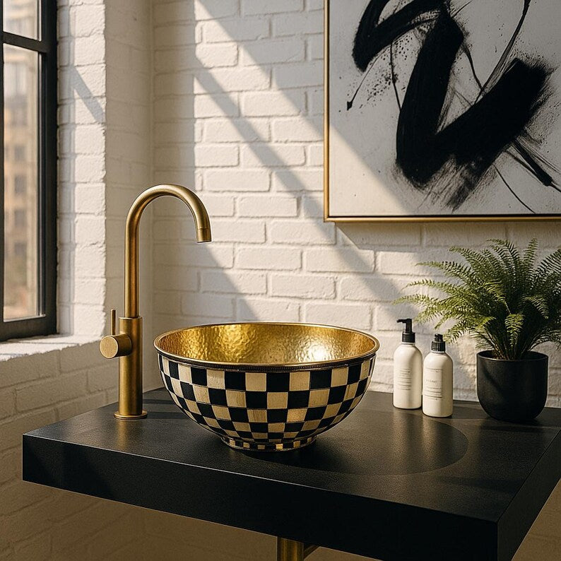 Handmade round brass vessel sink with bone and resin inlay – Moroccan bathroom countertop basin


