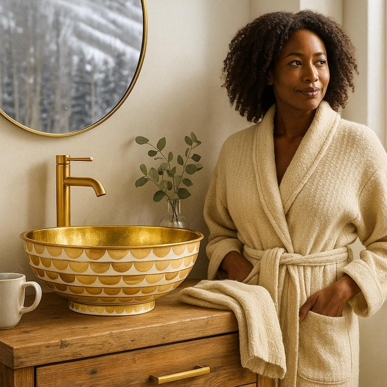 Handmade round brass vessel sink with hammered gold interior and ivory-toned wood inlays – countertop bathroom basin

