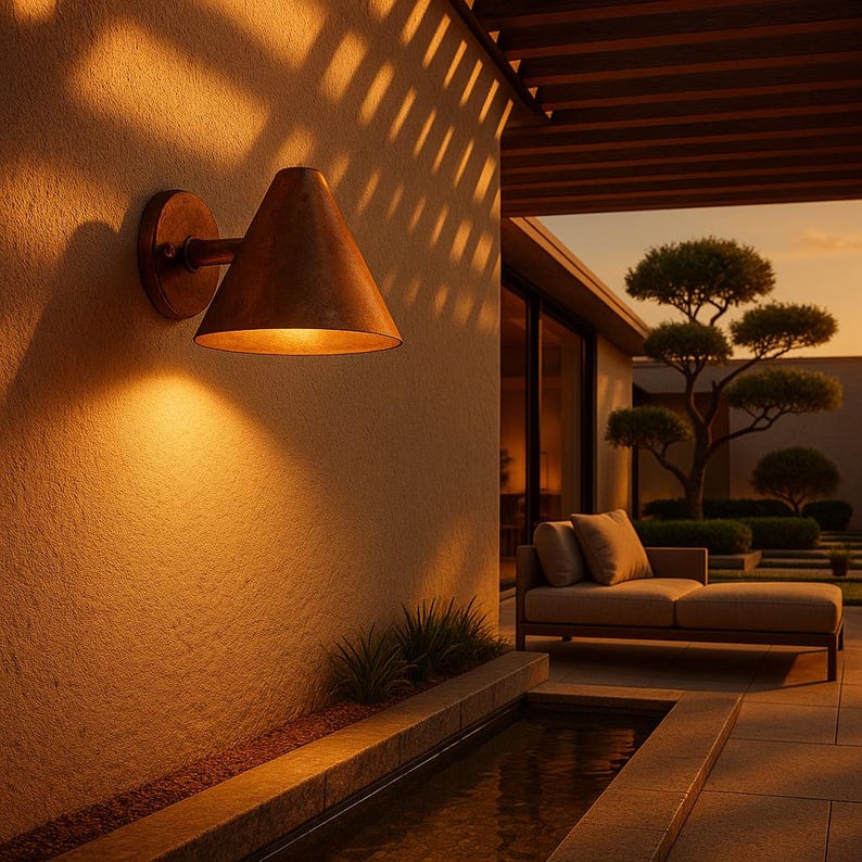 Indoor outdoor copper wall sconce with mid-century modern style – brushed finish light

