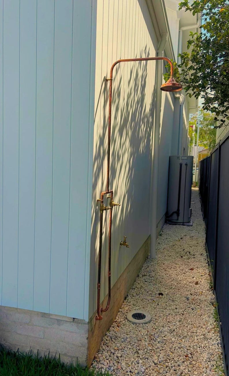 Industrial Style Wall Mounted Outdoor Shower with Brass Fittings

